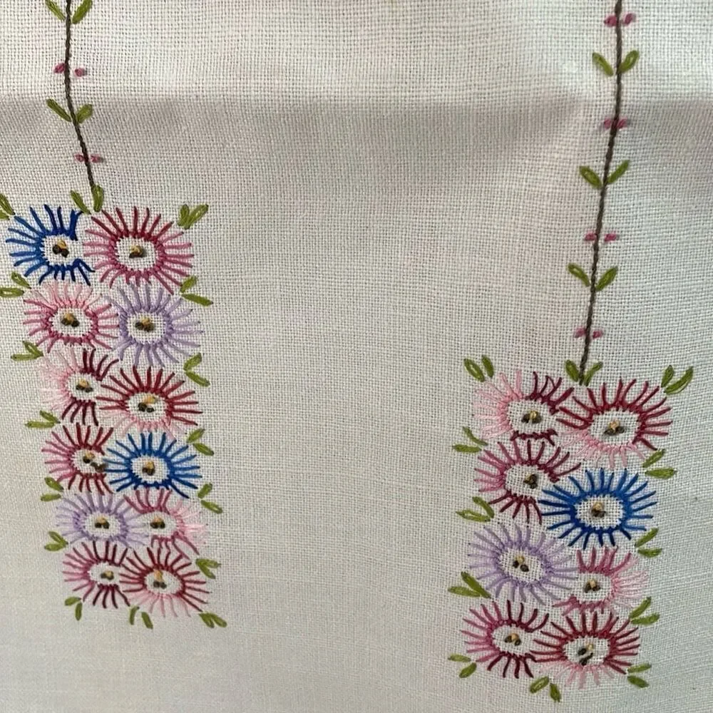 VINTAGE Hand Embroidered Linen Floral Table Runner 18 1/4” W X 39” L